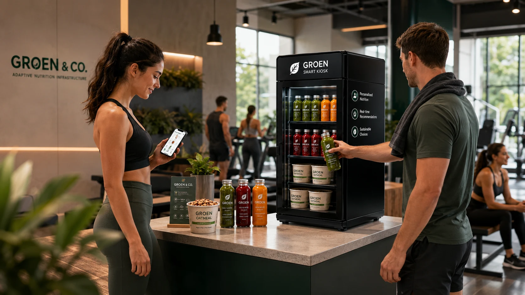 Groen smart kiosk in a modern gym