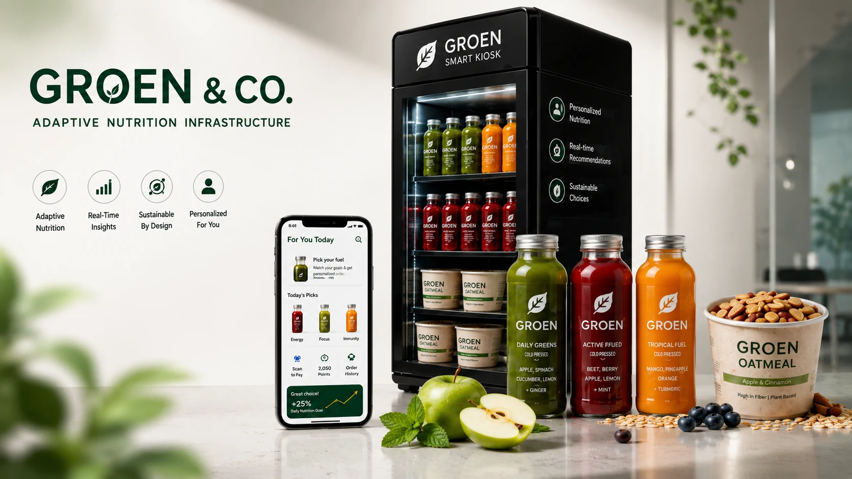 Groen smart kiosk stocked with fresh beverages and oatmeal