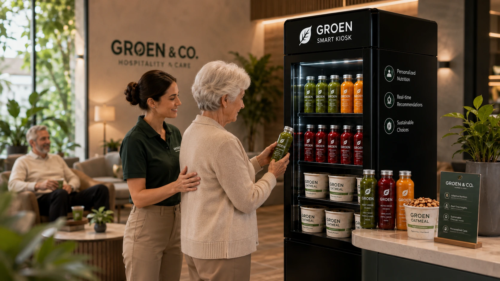 Groen smart kiosk in a hospitality and care setting