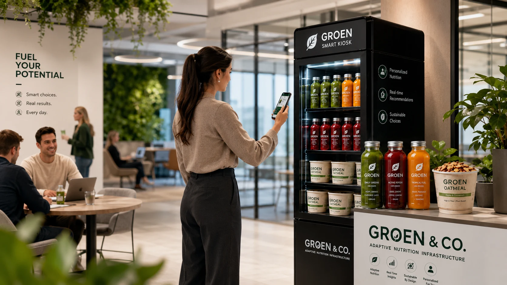 Groen smart kiosk in a modern workplace