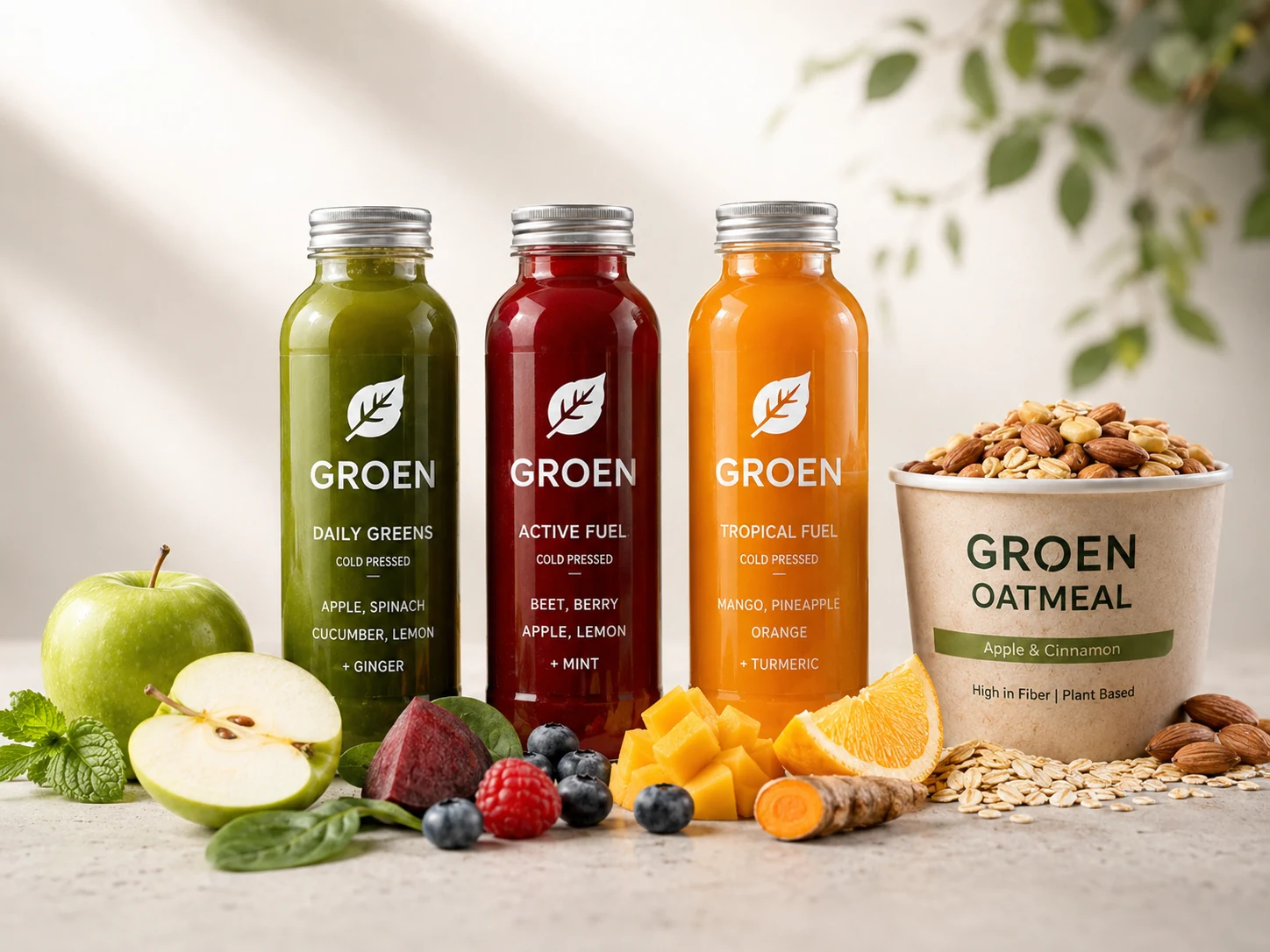 Groen cold-pressed green, red and orange beverages with oatmeal and fresh ingredients
